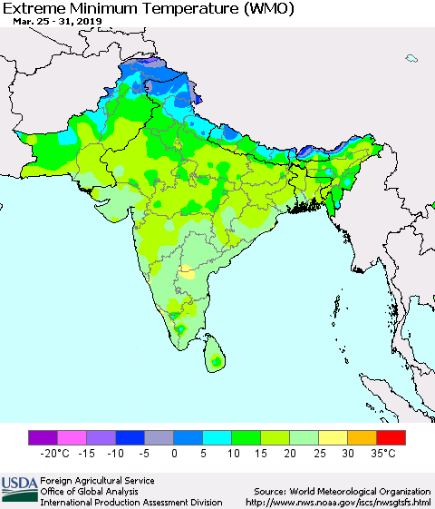 Southern Asia Minimum Daily Temperature (WMO) Thematic Map For 3/25/2019 - 3/31/2019