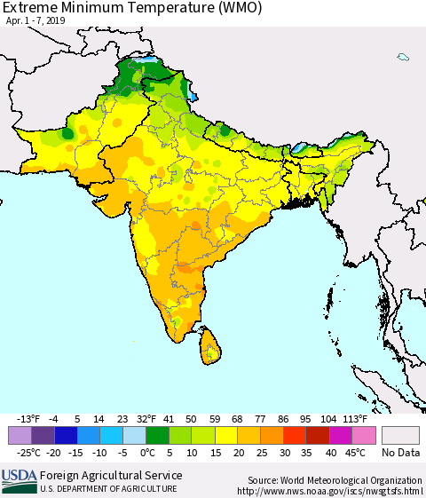 Southern Asia Minimum Daily Temperature (WMO) Thematic Map For 4/1/2019 - 4/7/2019