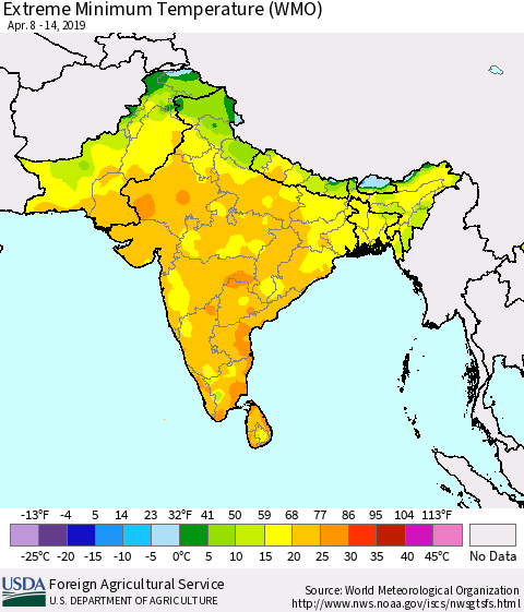 Southern Asia Minimum Daily Temperature (WMO) Thematic Map For 4/8/2019 - 4/14/2019