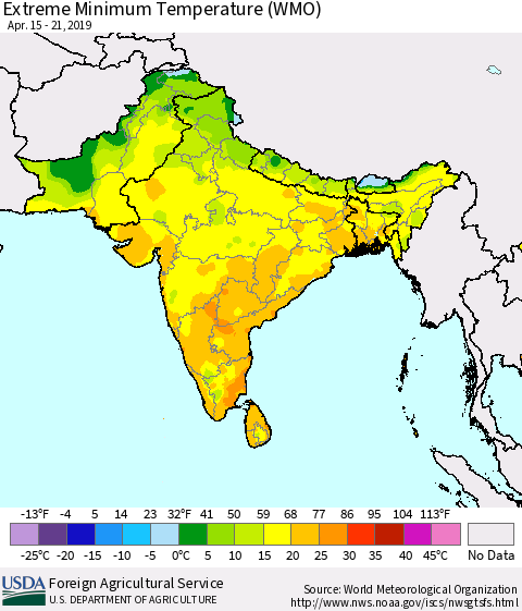 Southern Asia Minimum Daily Temperature (WMO) Thematic Map For 4/15/2019 - 4/21/2019
