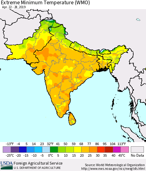 Southern Asia Minimum Daily Temperature (WMO) Thematic Map For 4/22/2019 - 4/28/2019