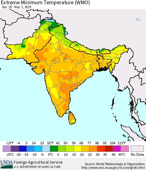 Southern Asia Minimum Daily Temperature (WMO) Thematic Map For 4/29/2019 - 5/5/2019
