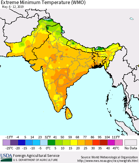 Southern Asia Extreme Minimum Temperature (WMO) Thematic Map For 5/6/2019 - 5/12/2019