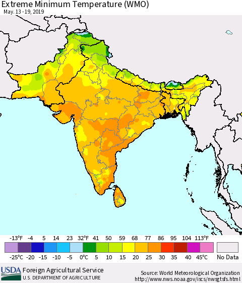 Southern Asia Extreme Minimum Temperature (WMO) Thematic Map For 5/13/2019 - 5/19/2019