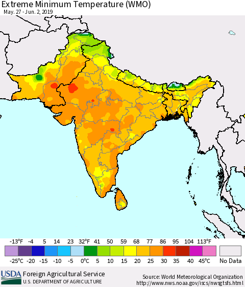 Southern Asia Minimum Daily Temperature (WMO) Thematic Map For 5/27/2019 - 6/2/2019