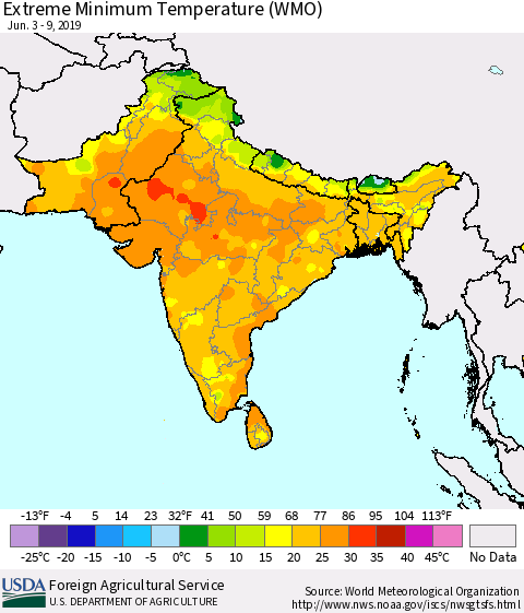 Southern Asia Minimum Daily Temperature (WMO) Thematic Map For 6/3/2019 - 6/9/2019