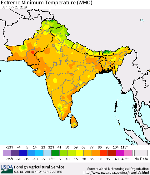 Southern Asia Extreme Minimum Temperature (WMO) Thematic Map For 6/17/2019 - 6/23/2019