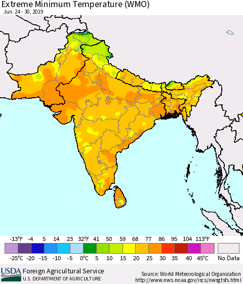 Southern Asia Minimum Daily Temperature (WMO) Thematic Map For 6/24/2019 - 6/30/2019