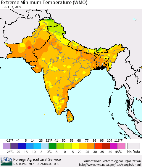 Southern Asia Minimum Daily Temperature (WMO) Thematic Map For 7/1/2019 - 7/7/2019