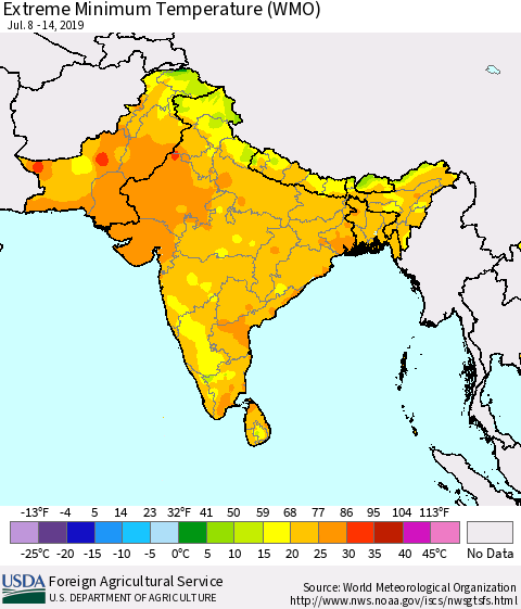 Southern Asia Minimum Daily Temperature (WMO) Thematic Map For 7/8/2019 - 7/14/2019
