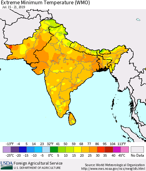 Southern Asia Extreme Minimum Temperature (WMO) Thematic Map For 7/15/2019 - 7/21/2019