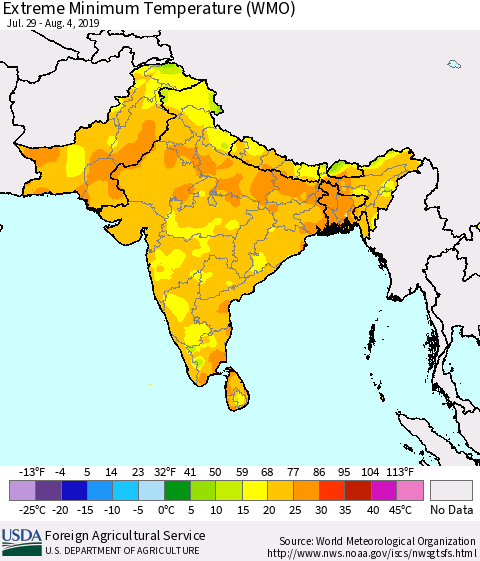 Southern Asia Extreme Minimum Temperature (WMO) Thematic Map For 7/29/2019 - 8/4/2019