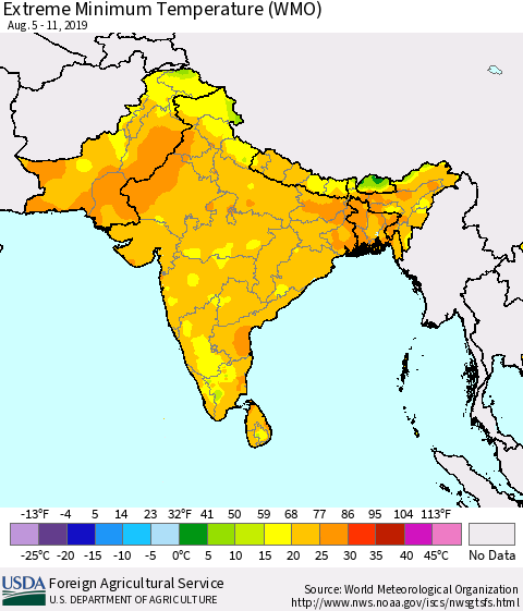 Southern Asia Extreme Minimum Temperature (WMO) Thematic Map For 8/5/2019 - 8/11/2019