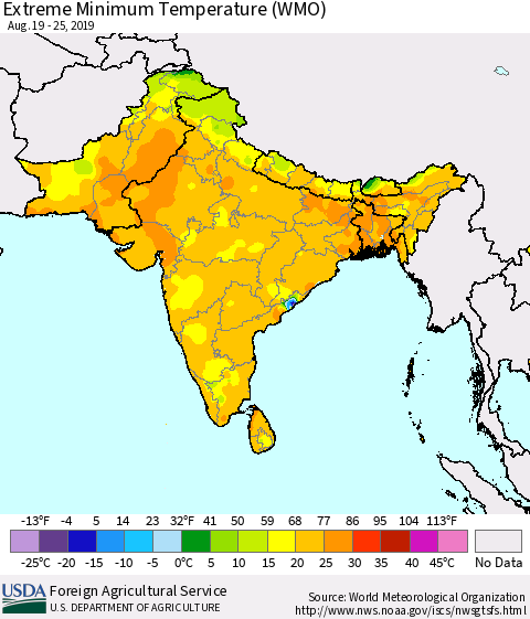 Southern Asia Extreme Minimum Temperature (WMO) Thematic Map For 8/19/2019 - 8/25/2019