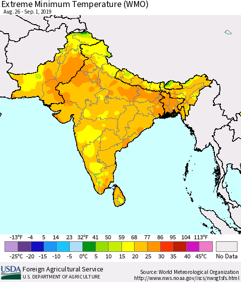 Southern Asia Minimum Daily Temperature (WMO) Thematic Map For 8/26/2019 - 9/1/2019