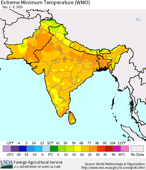 Southern Asia Extreme Minimum Temperature (WMO) Thematic Map For 9/2/2019 - 9/8/2019