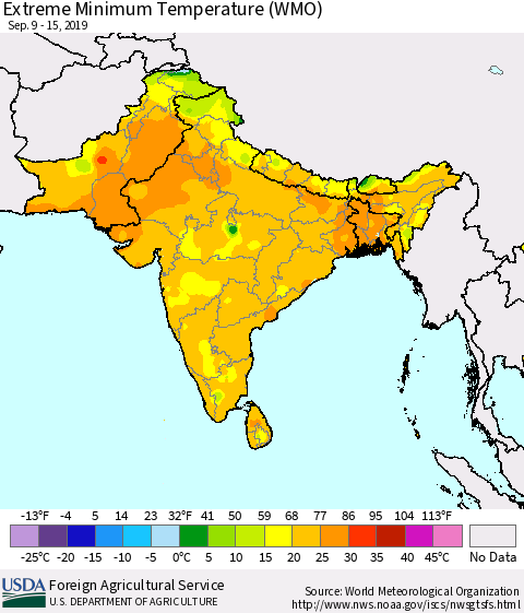 Southern Asia Minimum Daily Temperature (WMO) Thematic Map For 9/9/2019 - 9/15/2019