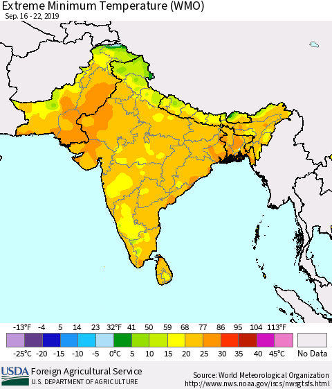 Southern Asia Minimum Daily Temperature (WMO) Thematic Map For 9/16/2019 - 9/22/2019