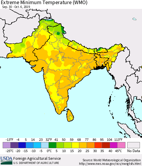 Southern Asia Extreme Minimum Temperature (WMO) Thematic Map For 9/30/2019 - 10/6/2019