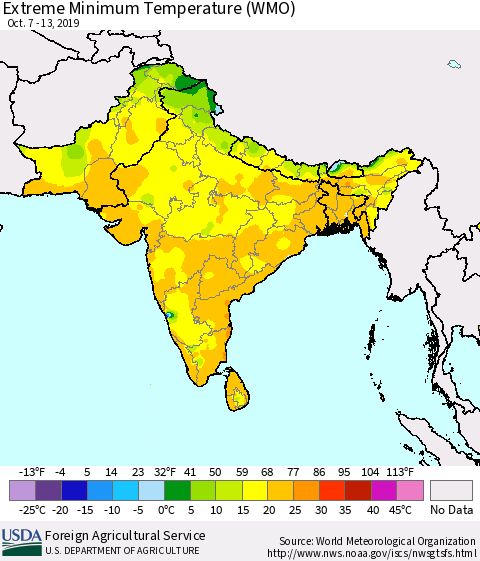 Southern Asia Extreme Minimum Temperature (WMO) Thematic Map For 10/7/2019 - 10/13/2019