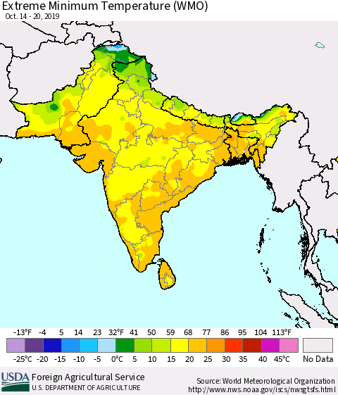Southern Asia Minimum Daily Temperature (WMO) Thematic Map For 10/14/2019 - 10/20/2019