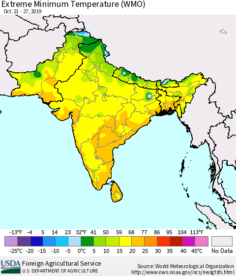 Southern Asia Minimum Daily Temperature (WMO) Thematic Map For 10/21/2019 - 10/27/2019