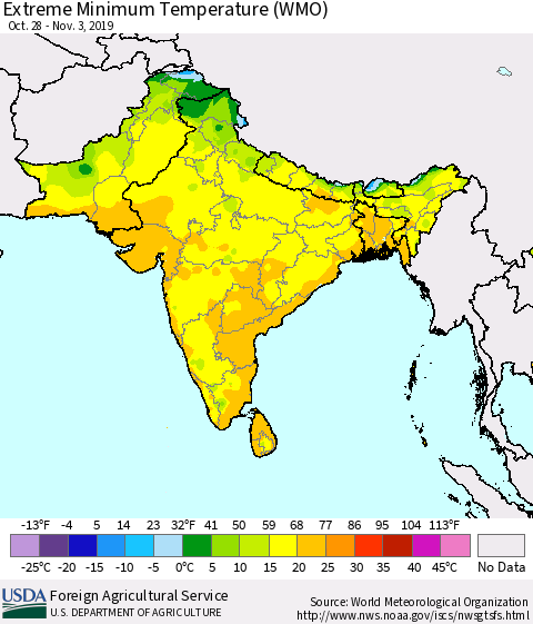 Southern Asia Minimum Daily Temperature (WMO) Thematic Map For 10/28/2019 - 11/3/2019