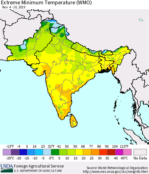 Southern Asia Minimum Daily Temperature (WMO) Thematic Map For 11/4/2019 - 11/10/2019