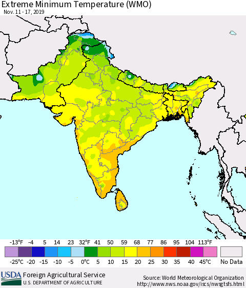 Southern Asia Minimum Daily Temperature (WMO) Thematic Map For 11/11/2019 - 11/17/2019