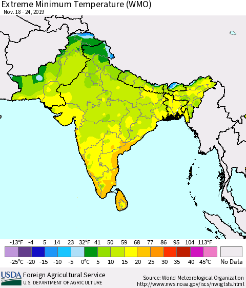 Southern Asia Minimum Daily Temperature (WMO) Thematic Map For 11/18/2019 - 11/24/2019