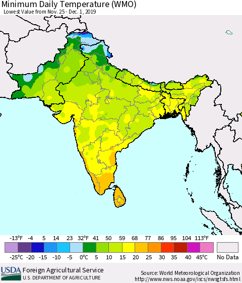 Southern Asia Minimum Daily Temperature (WMO) Thematic Map For 11/25/2019 - 12/1/2019