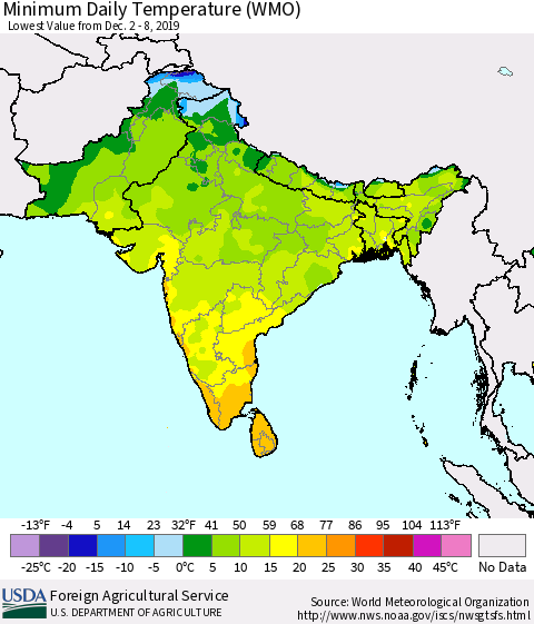 Southern Asia Minimum Daily Temperature (WMO) Thematic Map For 12/2/2019 - 12/8/2019