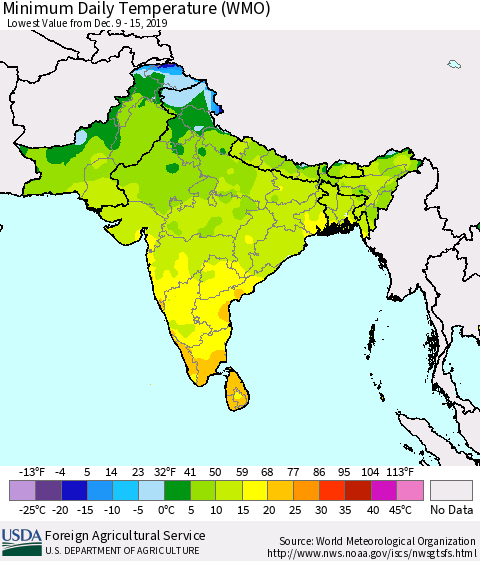 Southern Asia Minimum Daily Temperature (WMO) Thematic Map For 12/9/2019 - 12/15/2019