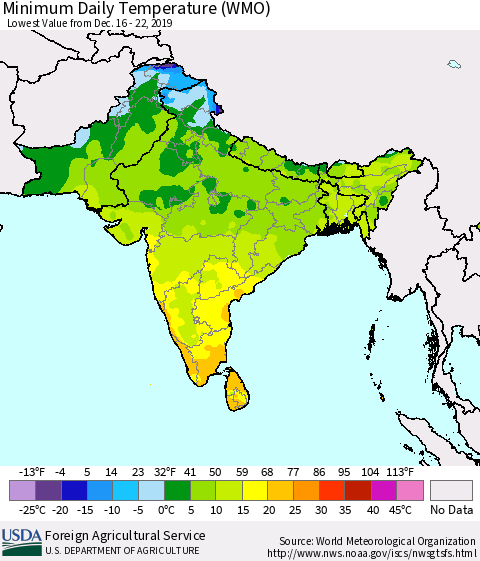 Southern Asia Minimum Daily Temperature (WMO) Thematic Map For 12/16/2019 - 12/22/2019