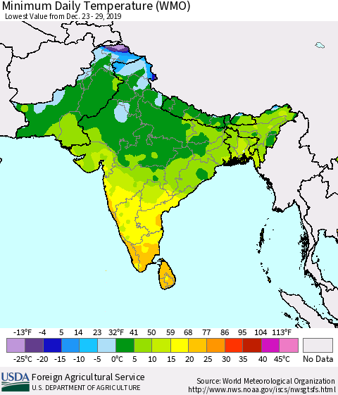Southern Asia Minimum Daily Temperature (WMO) Thematic Map For 12/23/2019 - 12/29/2019