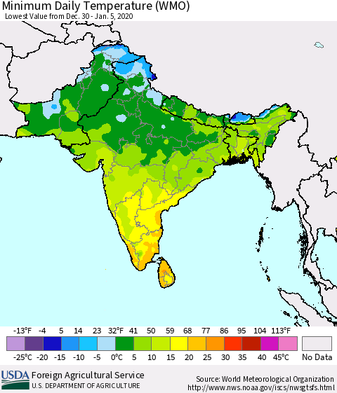 Southern Asia Minimum Daily Temperature (WMO) Thematic Map For 12/30/2019 - 1/5/2020