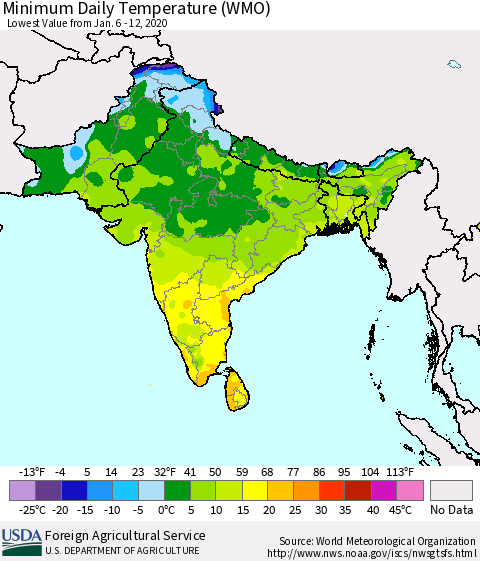 Southern Asia Minimum Daily Temperature (WMO) Thematic Map For 1/6/2020 - 1/12/2020