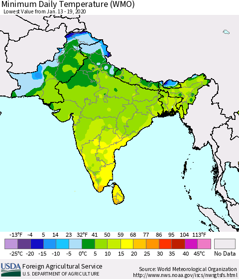 Southern Asia Minimum Daily Temperature (WMO) Thematic Map For 1/13/2020 - 1/19/2020