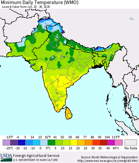Southern Asia Minimum Daily Temperature (WMO) Thematic Map For 1/20/2020 - 1/26/2020