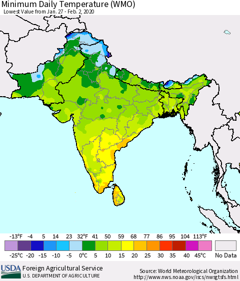 Southern Asia Minimum Daily Temperature (WMO) Thematic Map For 1/27/2020 - 2/2/2020