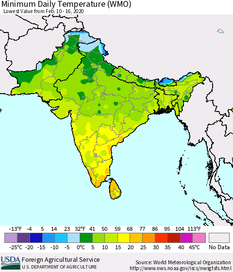 Southern Asia Minimum Daily Temperature (WMO) Thematic Map For 2/10/2020 - 2/16/2020