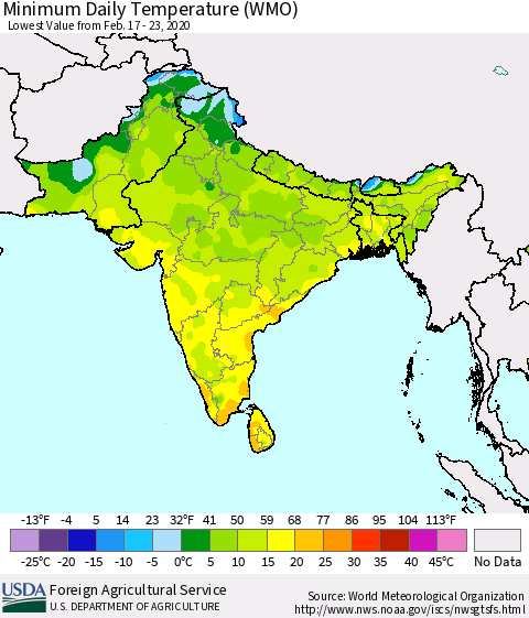 Southern Asia Minimum Daily Temperature (WMO) Thematic Map For 2/17/2020 - 2/23/2020