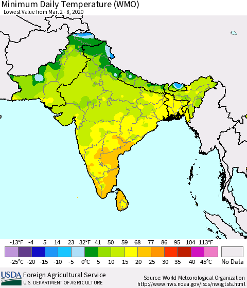 Southern Asia Minimum Daily Temperature (WMO) Thematic Map For 3/2/2020 - 3/8/2020
