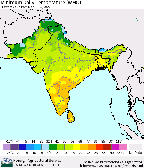 Southern Asia Minimum Daily Temperature (WMO) Thematic Map For 3/9/2020 - 3/15/2020