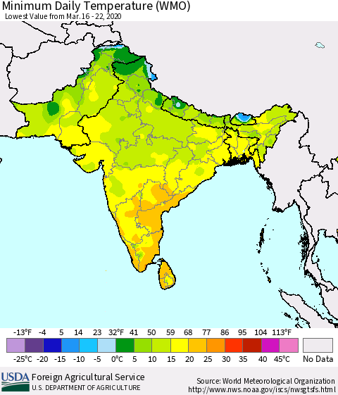 Southern Asia Minimum Daily Temperature (WMO) Thematic Map For 3/16/2020 - 3/22/2020