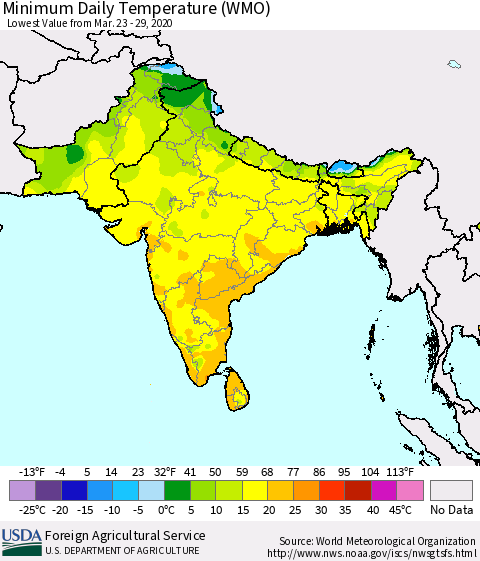 Southern Asia Minimum Daily Temperature (WMO) Thematic Map For 3/23/2020 - 3/29/2020