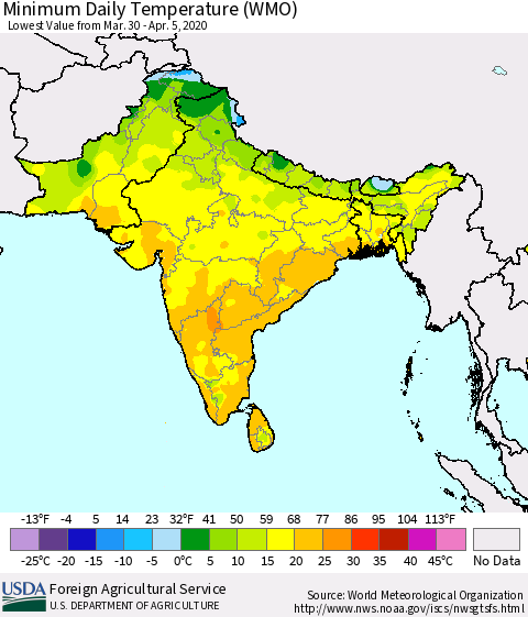 Southern Asia Minimum Daily Temperature (WMO) Thematic Map For 3/30/2020 - 4/5/2020