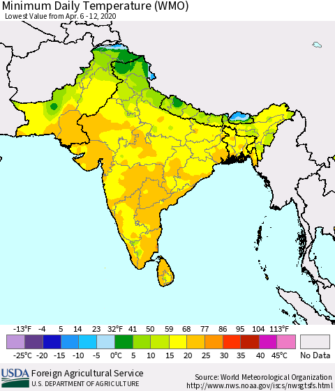 Southern Asia Minimum Daily Temperature (WMO) Thematic Map For 4/6/2020 - 4/12/2020