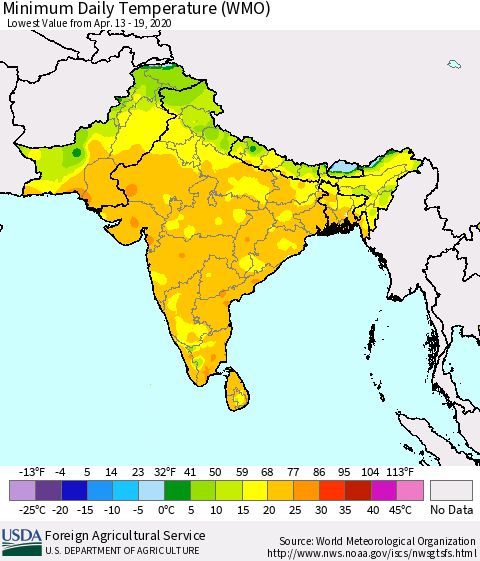 Southern Asia Minimum Daily Temperature (WMO) Thematic Map For 4/13/2020 - 4/19/2020