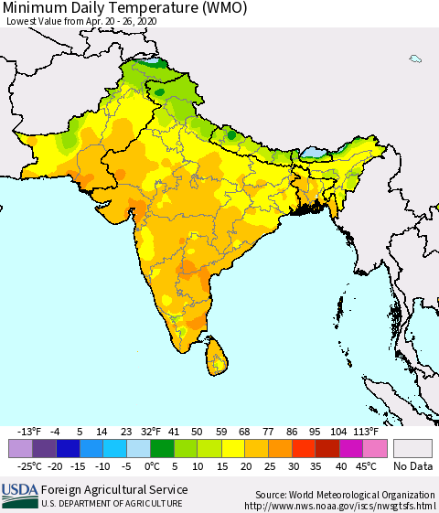 Southern Asia Minimum Daily Temperature (WMO) Thematic Map For 4/20/2020 - 4/26/2020
